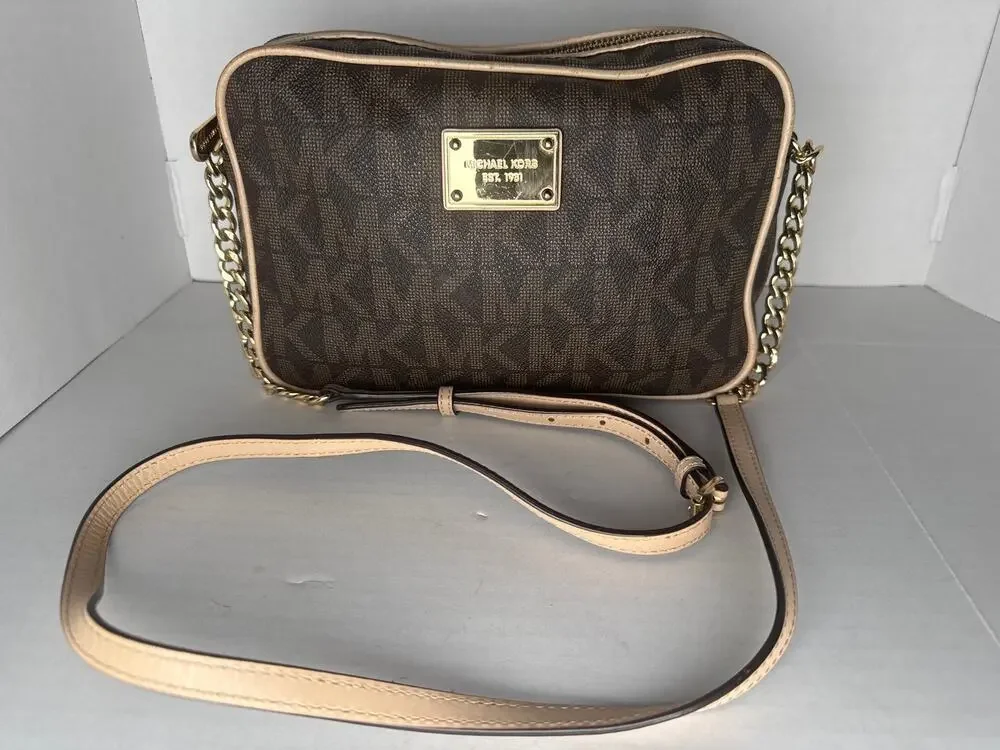 Micheael Kors jet set MK signature brown tan crossbody messenger bag